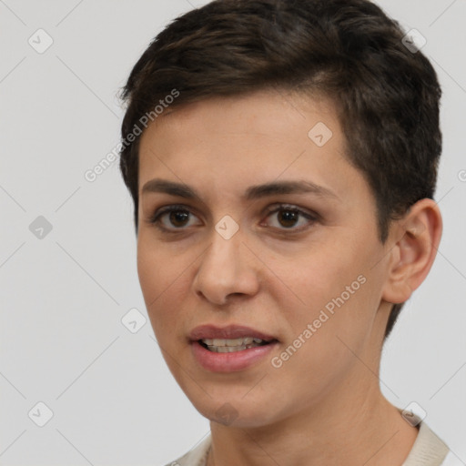 Joyful white young-adult female with short  brown hair and brown eyes