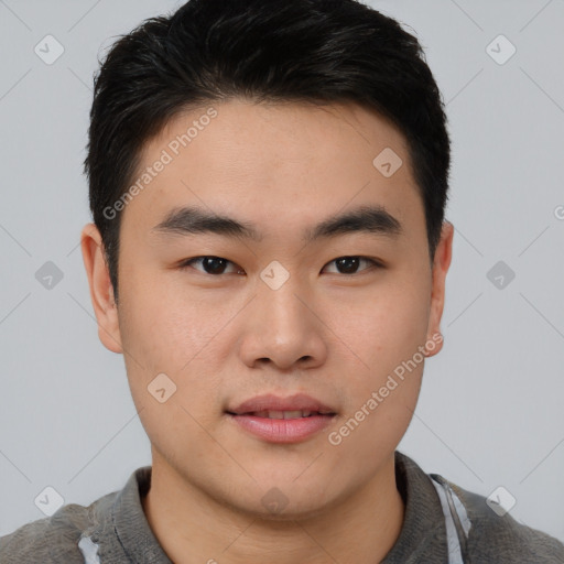 Neutral asian young-adult male with short  brown hair and brown eyes