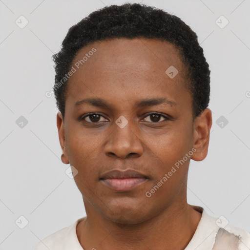 Neutral black young-adult female with short  black hair and brown eyes