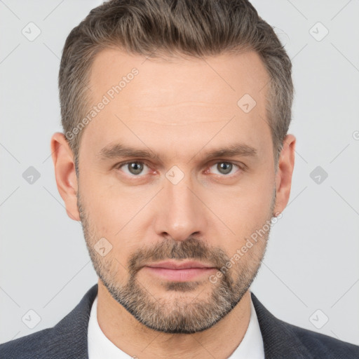 Neutral white adult male with short  brown hair and brown eyes