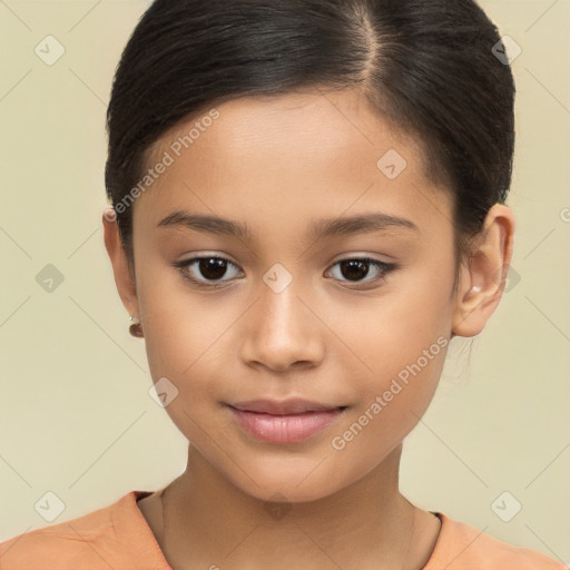 Joyful white child female with short  brown hair and brown eyes