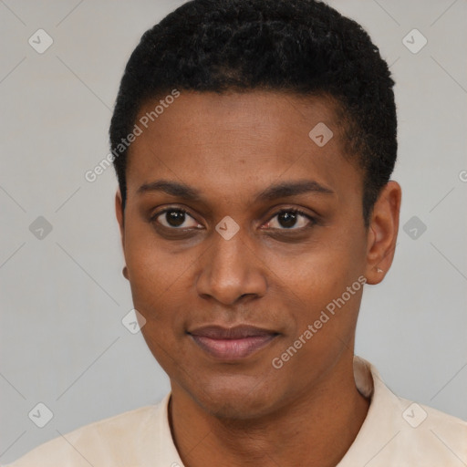 Neutral latino young-adult female with short  black hair and brown eyes