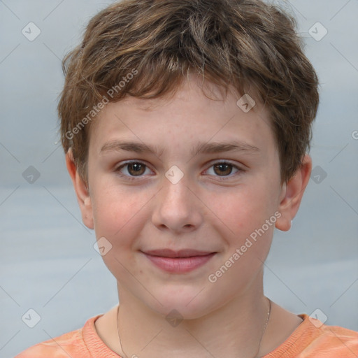 Joyful white child male with short  brown hair and brown eyes