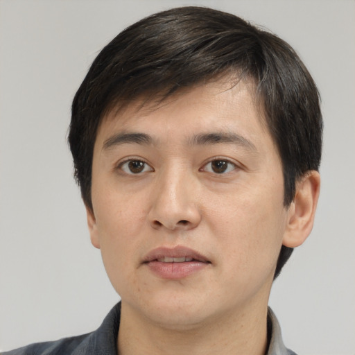 Neutral white young-adult male with short  black hair and brown eyes