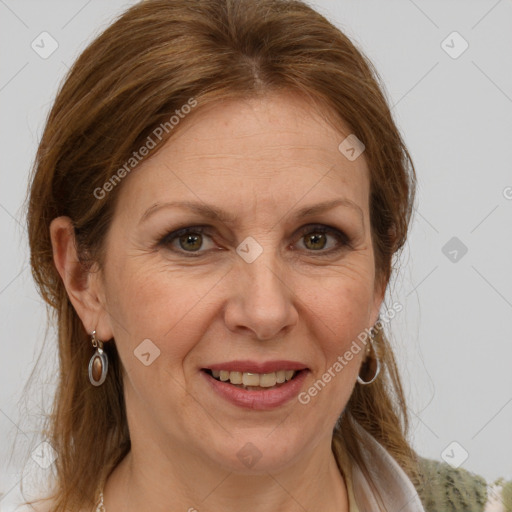 Joyful white adult female with medium  brown hair and grey eyes