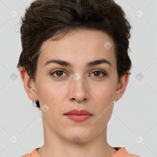 Neutral white young-adult female with short  brown hair and brown eyes