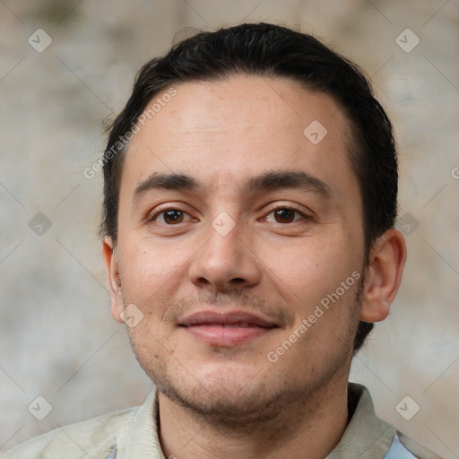 Neutral white young-adult male with short  brown hair and brown eyes