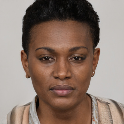 Neutral black young-adult female with short  black hair and brown eyes