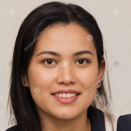 Joyful asian young-adult female with long  brown hair and brown eyes