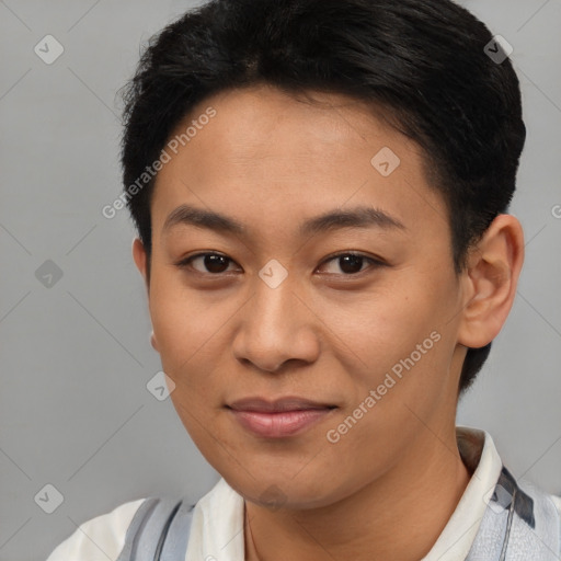 Joyful asian young-adult female with short  brown hair and brown eyes