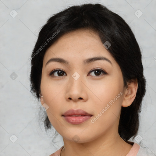 Neutral asian young-adult female with medium  black hair and brown eyes