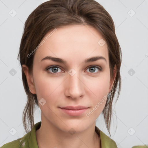 Neutral white young-adult female with medium  brown hair and grey eyes