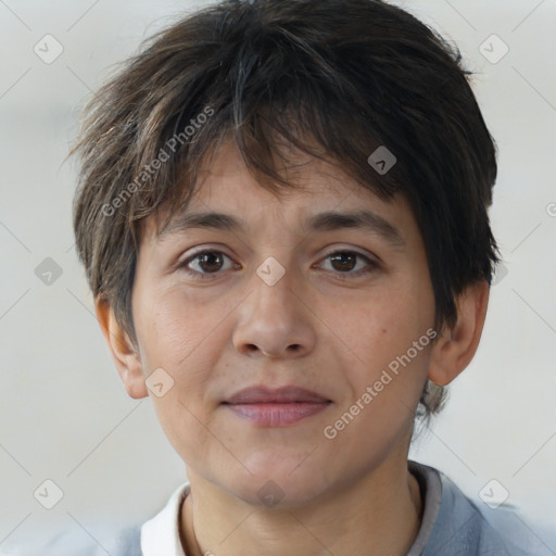 Joyful white adult female with short  brown hair and brown eyes