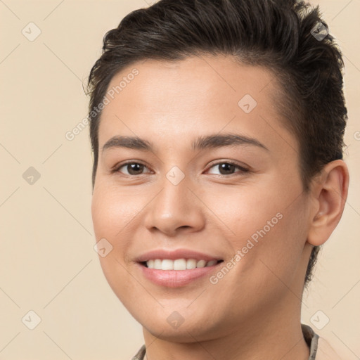 Joyful white young-adult female with short  brown hair and brown eyes