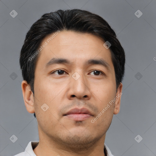 Neutral asian young-adult male with short  black hair and brown eyes