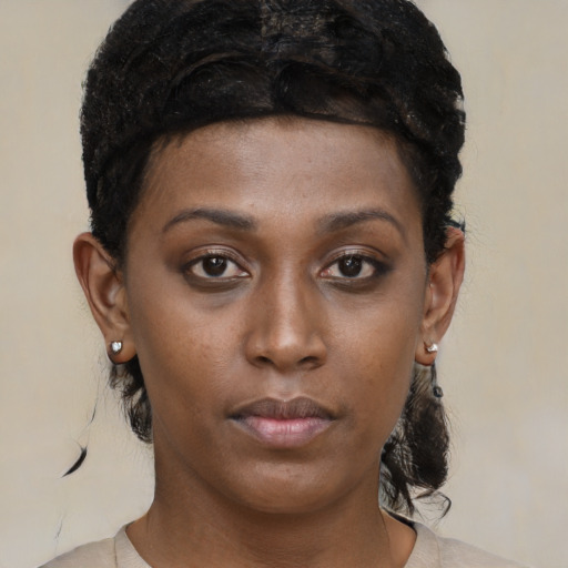 Neutral black young-adult female with short  brown hair and brown eyes