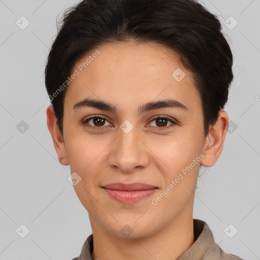 Joyful white young-adult female with short  brown hair and brown eyes