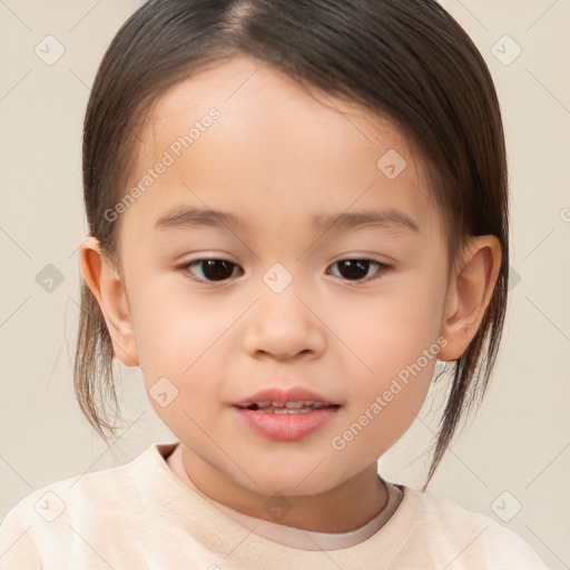 Joyful white child female with medium  brown hair and brown eyes