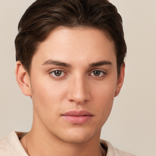 Neutral white young-adult male with short  brown hair and brown eyes