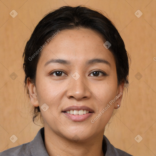 Joyful white young-adult female with medium  brown hair and brown eyes