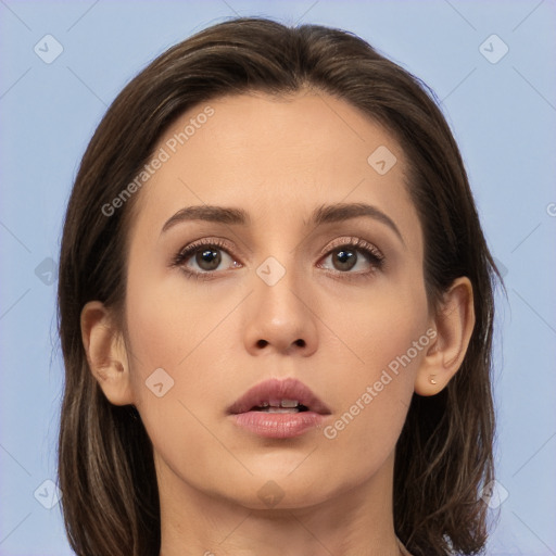 Neutral white young-adult female with medium  brown hair and brown eyes