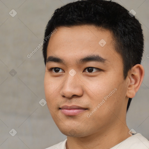 Joyful asian young-adult male with short  black hair and brown eyes