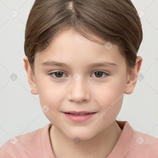 Joyful white child female with short  brown hair and brown eyes