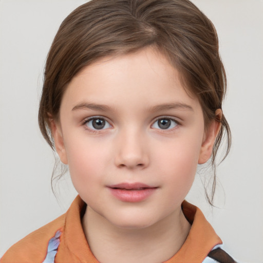 Neutral white child female with medium  brown hair and grey eyes