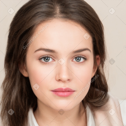 Neutral white young-adult female with medium  brown hair and brown eyes