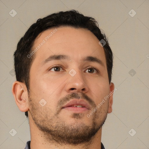 Neutral white young-adult male with short  brown hair and brown eyes