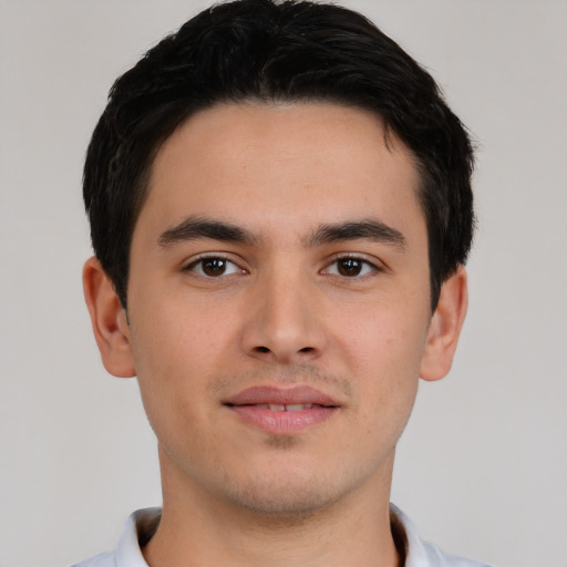 Neutral asian young-adult male with short  black hair and brown eyes