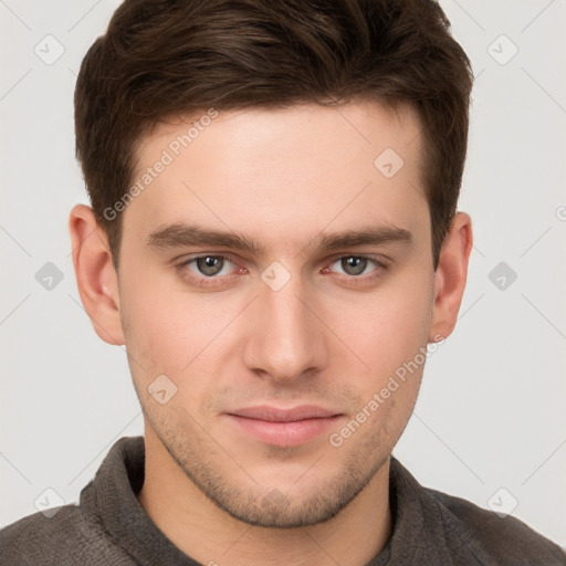 Neutral white young-adult male with short  brown hair and grey eyes