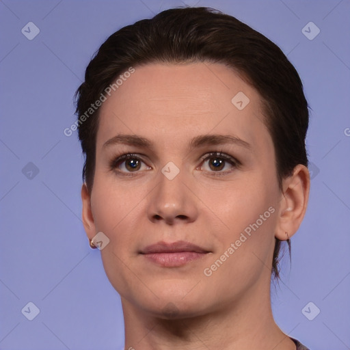 Neutral white young-adult female with short  brown hair and brown eyes