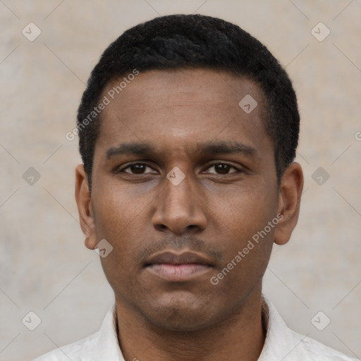 Neutral latino young-adult male with short  black hair and brown eyes