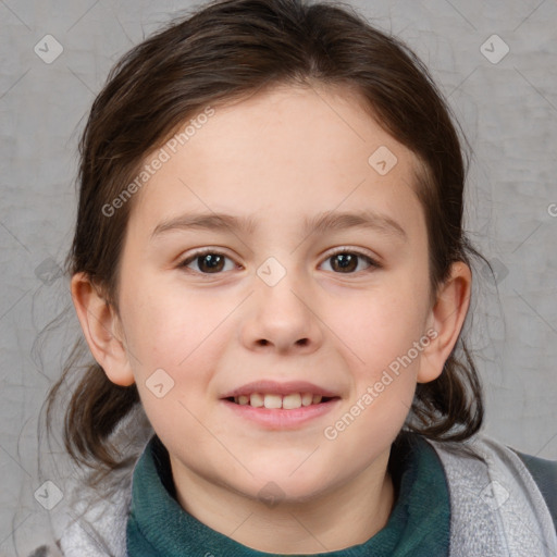 Joyful white child female with medium  brown hair and brown eyes