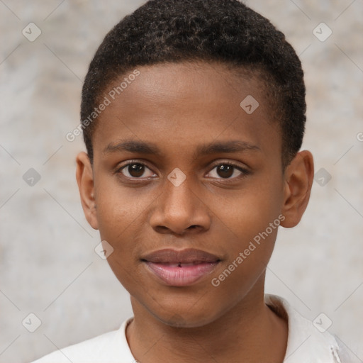 Joyful black young-adult male with short  brown hair and brown eyes