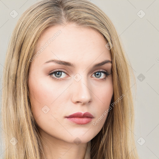 Neutral white young-adult female with long  brown hair and brown eyes