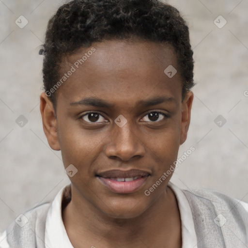 Joyful black young-adult male with short  brown hair and brown eyes