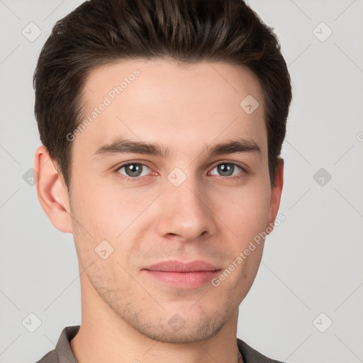 Neutral white young-adult male with short  brown hair and brown eyes