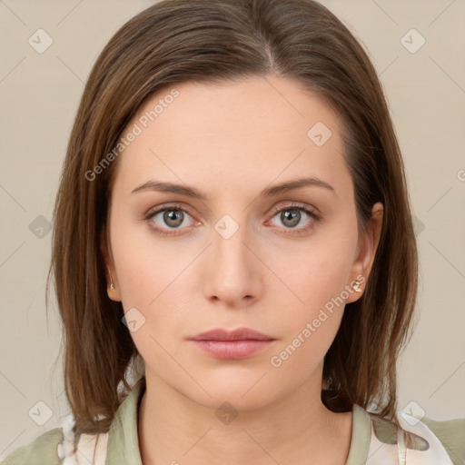 Neutral white young-adult female with medium  brown hair and grey eyes