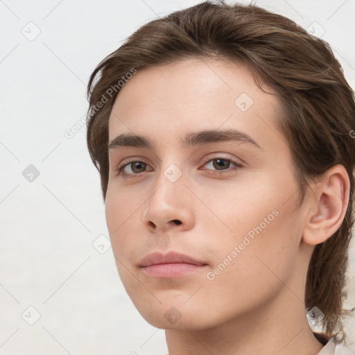 Neutral white young-adult female with medium  brown hair and grey eyes