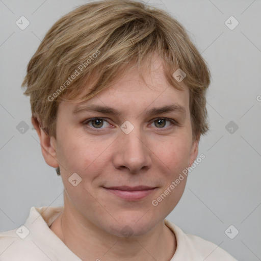 Joyful white young-adult female with short  brown hair and grey eyes