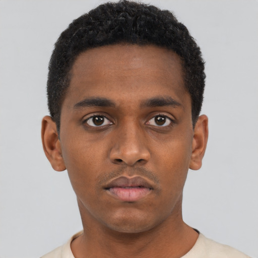 Neutral black young-adult male with short  black hair and brown eyes