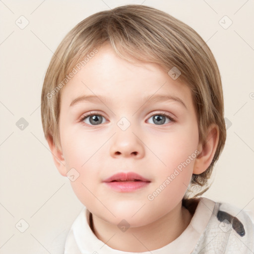 Neutral white child female with medium  brown hair and blue eyes