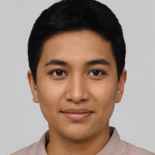 Joyful asian young-adult male with short  black hair and brown eyes