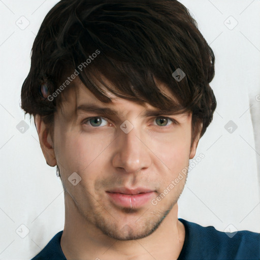 Neutral white young-adult male with short  brown hair and grey eyes