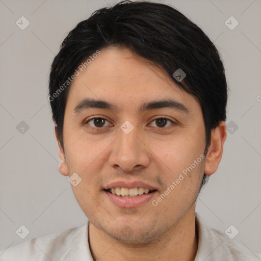 Joyful white young-adult male with short  black hair and brown eyes