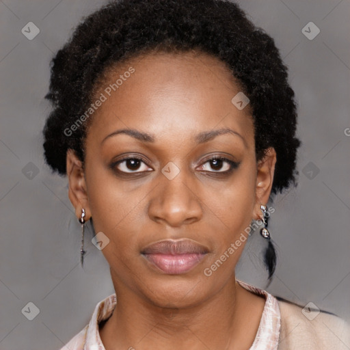 Neutral black young-adult female with short  black hair and brown eyes