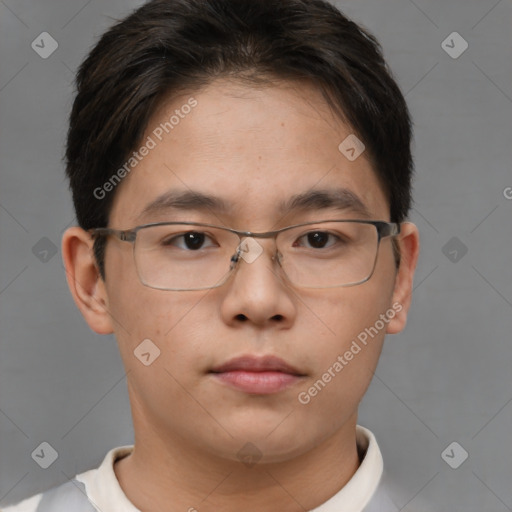 Neutral asian young-adult male with short  brown hair and brown eyes