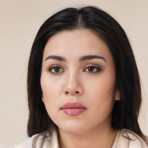 Neutral asian young-adult female with medium  black hair and brown eyes